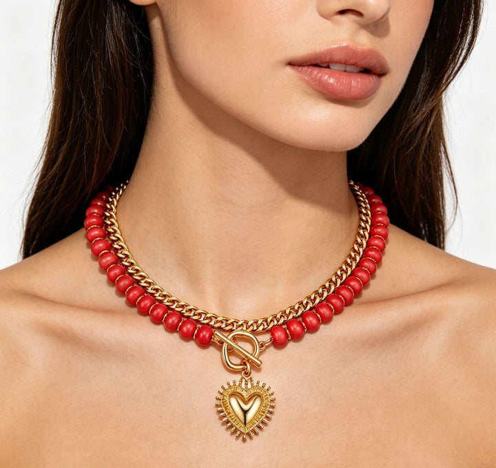18K Gold Plated Double Layer Beaded Heart Necklace