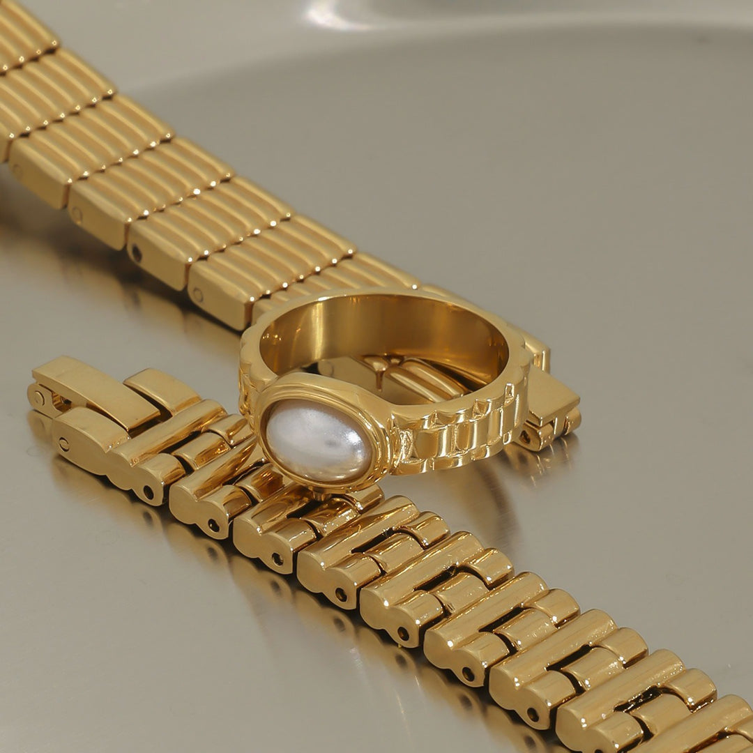 14K Gold Plated Vintage Watch Band Pearl Ring