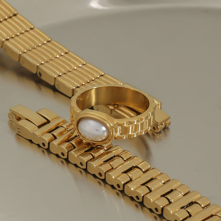 14K Gold Plated Vintage Watch Band Pearl Ring