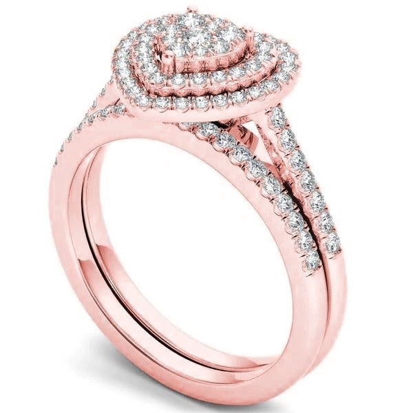 Double Halo Heart Bridal Ring Set
