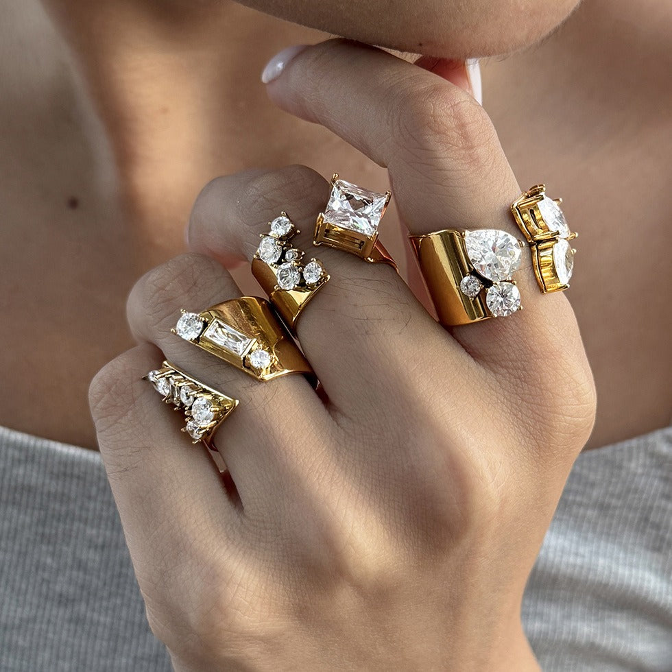 18K Gold Plated Geometric CZ Bold Wide Band Statement Ring