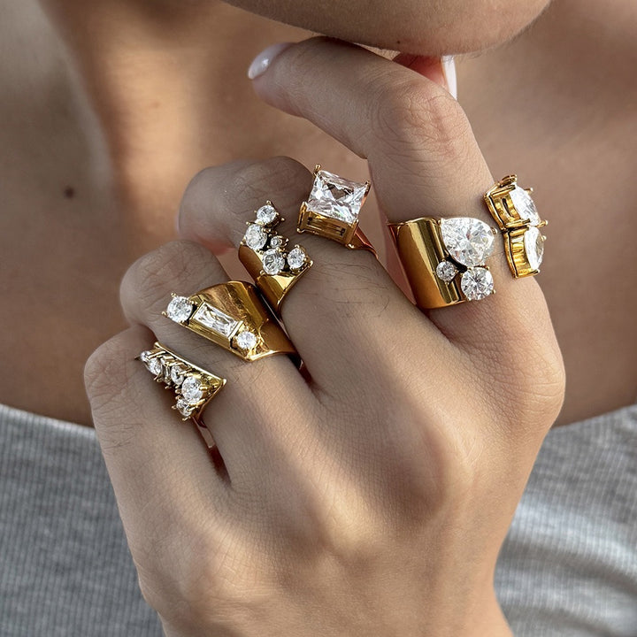 18K Gold Plated Geometric CZ Bold Wide Band Statement Ring