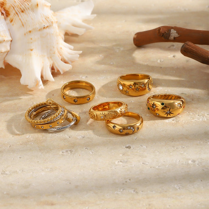 18K Gold Plated Star & Moon Safety Pin Carved Unisex Ring Series