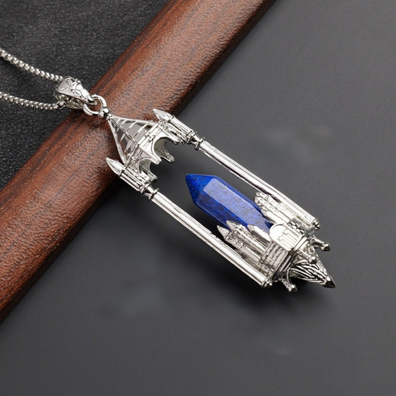 Gothic Boundary Guardian Natural Crystal Point Castle Pendant Necklace