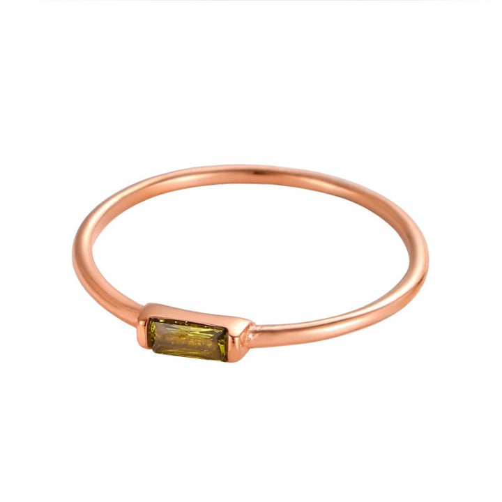 18K Gold Dainty Band Minimalist Olive Green Baguette Ring