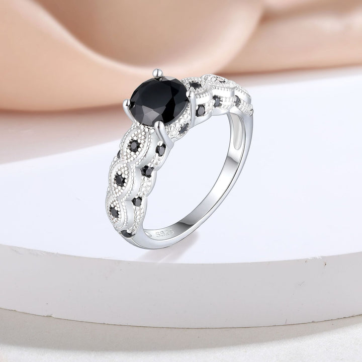 S925 Sterling Silver Vintage Milgrain Evil Eye Black CZ Ring