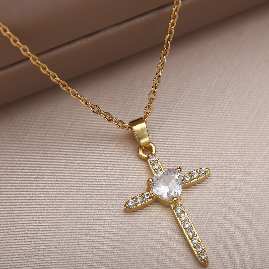 14K Gold Plated Micro-Pavé Heart Cross Necklace