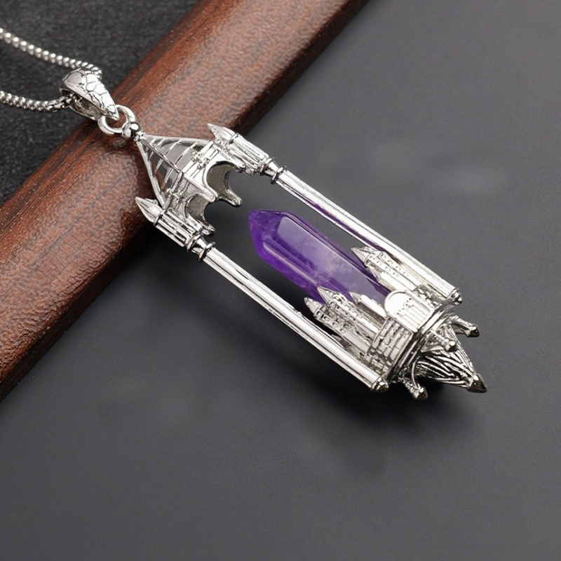 Gothic Boundary Guardian Natural Crystal Point Castle Pendant Necklace