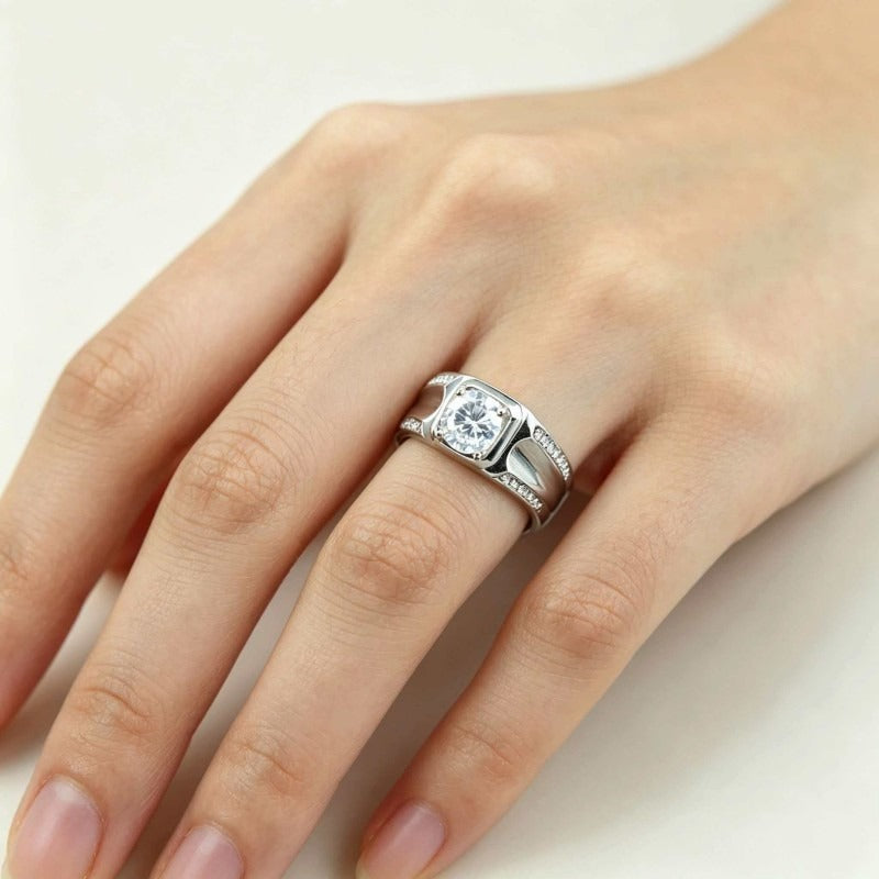 S925 Silver Handcrafted Vintage Geometric Moissanite Wide Band Ring