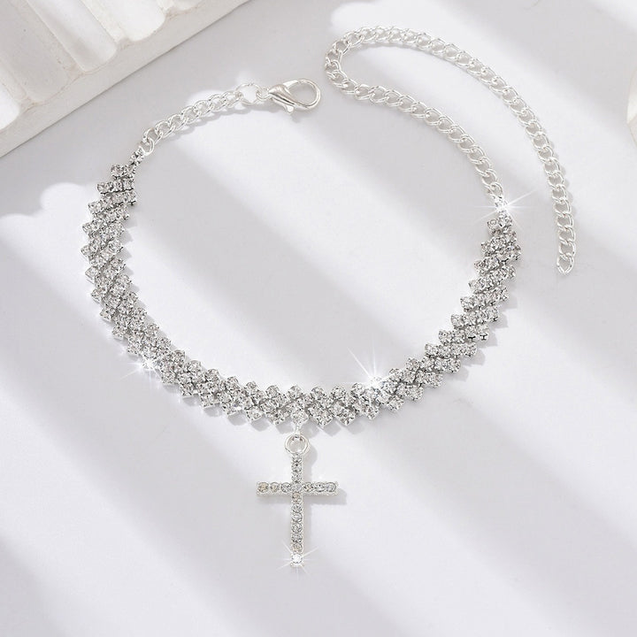 S925 Sterling Silver Pavé Crystal Cross Anklet