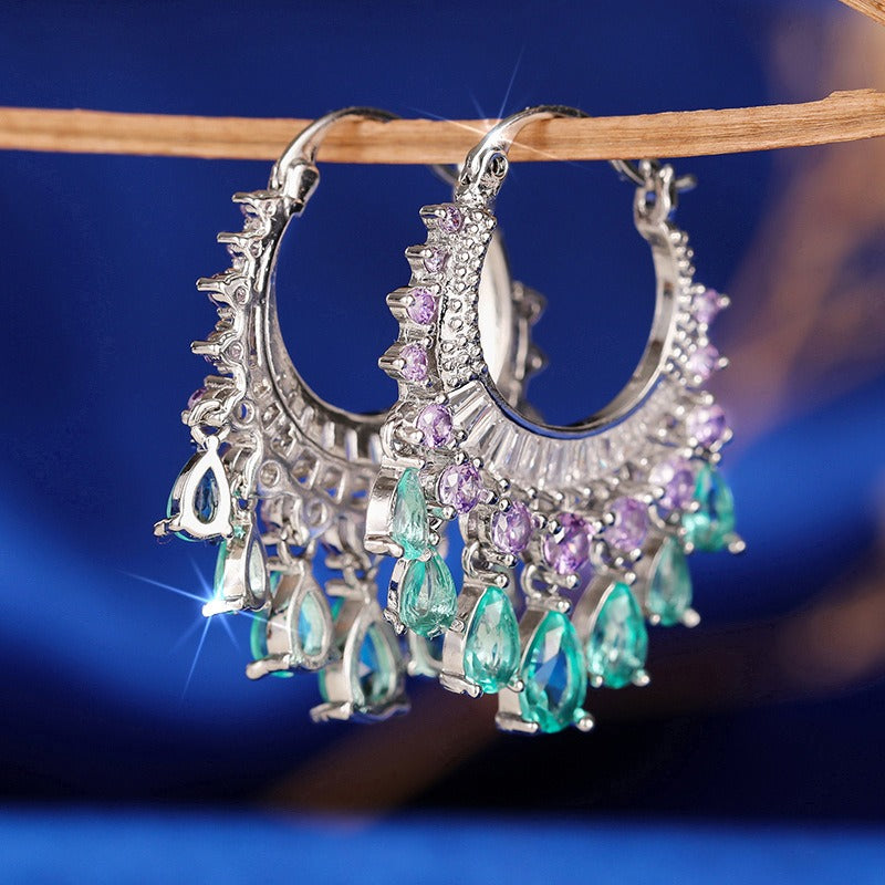 「Starfall Chandelier」Full Pave Teardrop Tassel Hoop Earrings