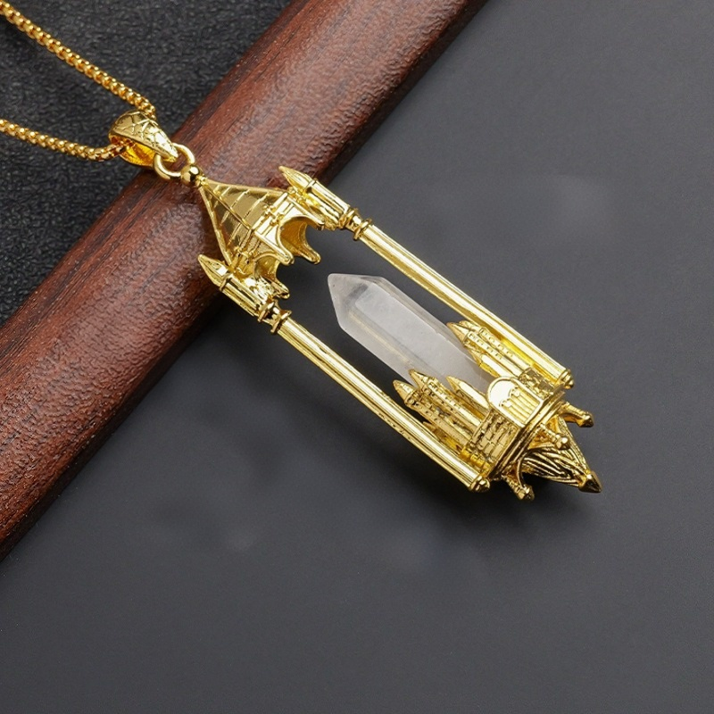 Gothic Boundary Guardian Natural Crystal Point Castle Pendant Necklace