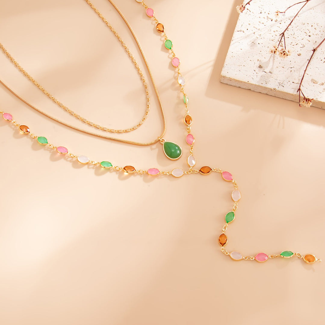 18K Gold Colorful Crystal 3-Piece Necklace Set