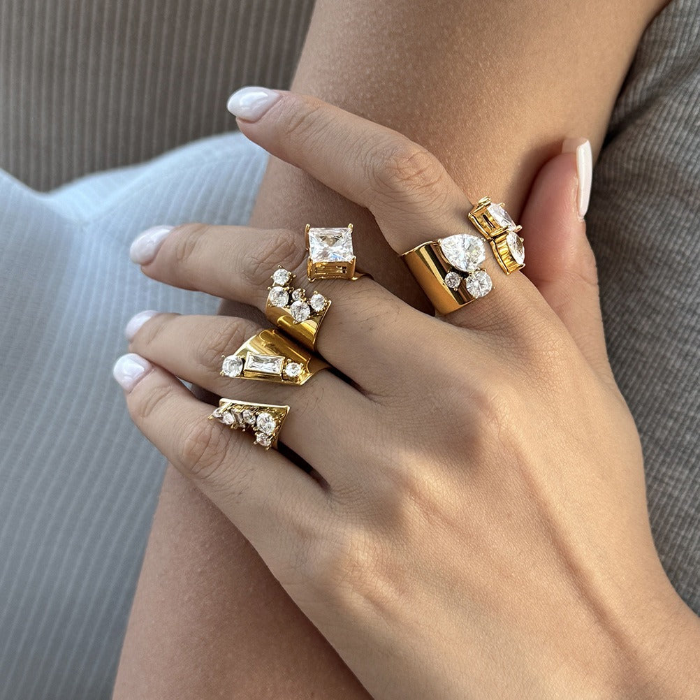 18K Gold Plated Geometric CZ Bold Wide Band Statement Ring
