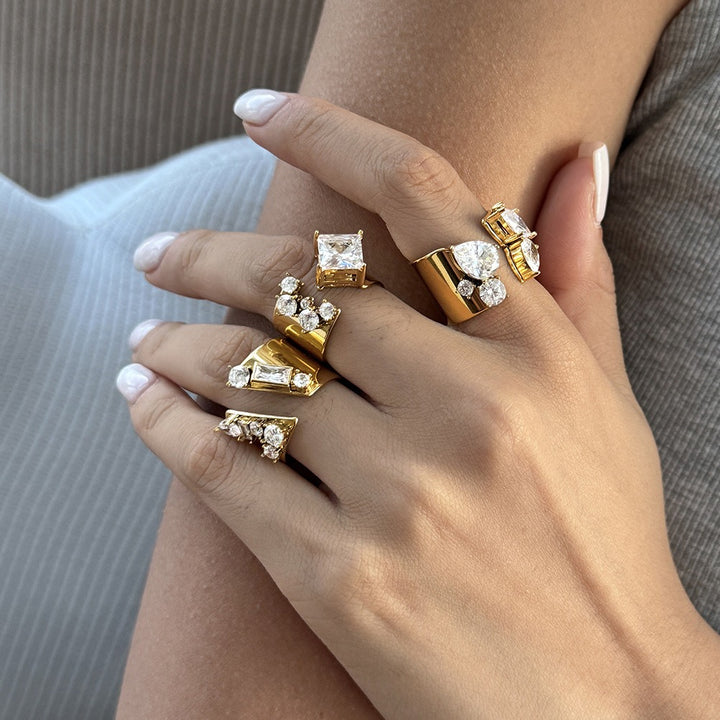 18K Gold Plated Geometric CZ Bold Wide Band Statement Ring