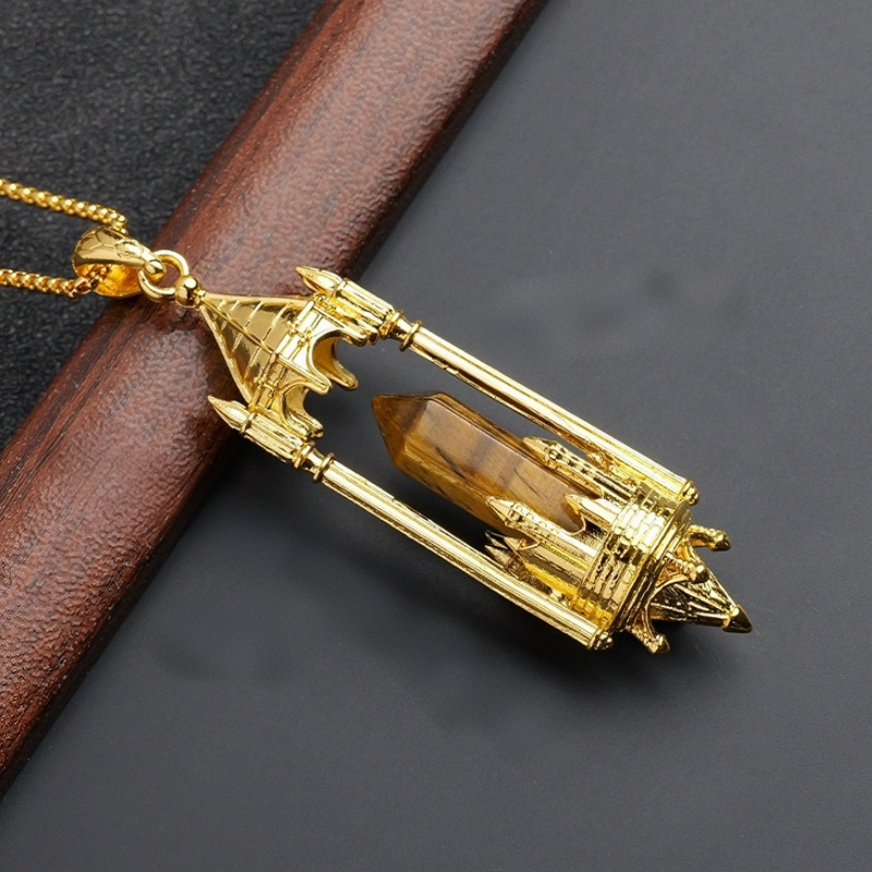 Gothic Boundary Guardian Natural Crystal Point Castle Pendant Necklace