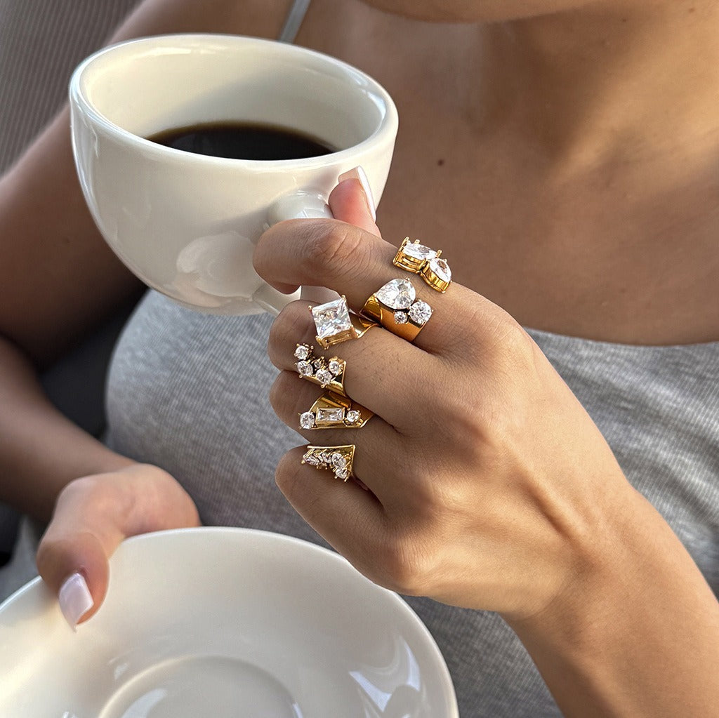 18K Gold Plated Geometric CZ Bold Wide Band Statement Ring