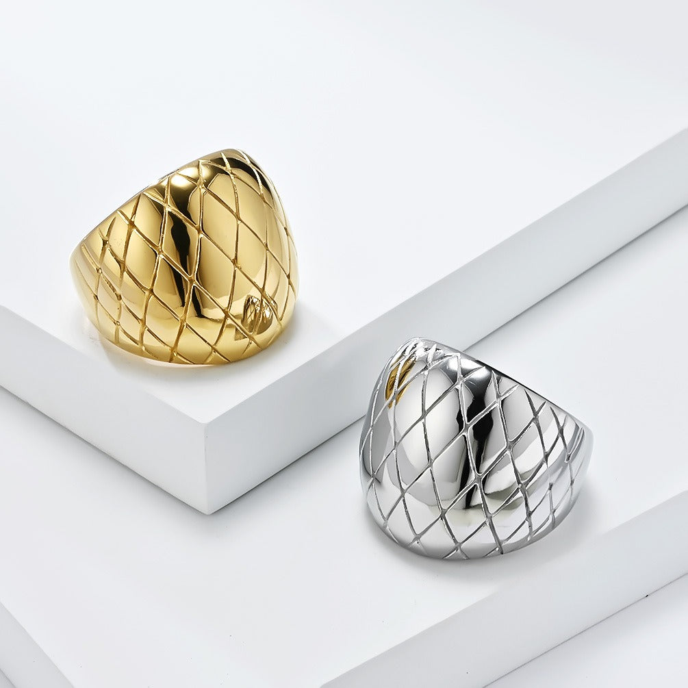 14K Gold Plated Quilted Grid Wide Band Ring