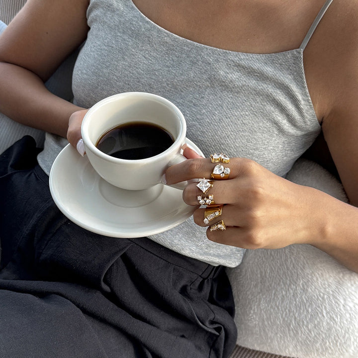 18K Gold Plated Geometric CZ Bold Wide Band Statement Ring