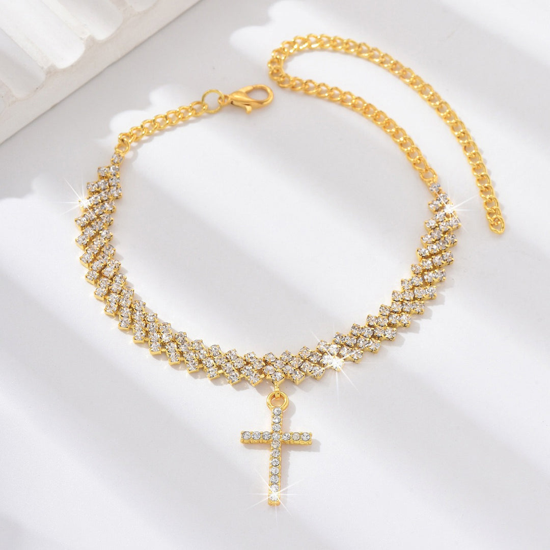 S925 Sterling Silver Pavé Crystal Cross Anklet