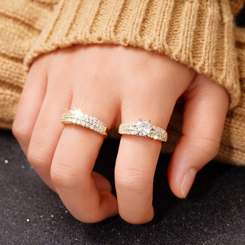 Luxury Moissanite Gold Ring Set | Center Stone & Pave Band Duo