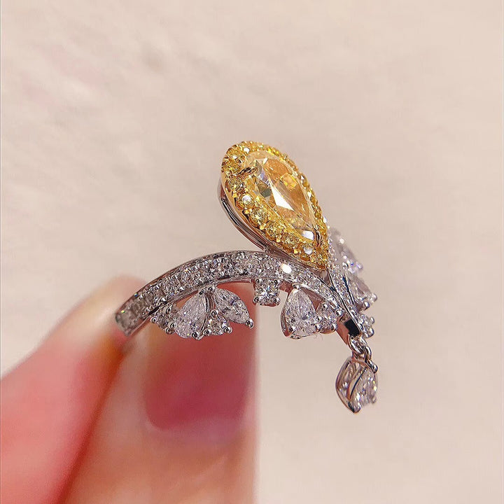 Sterling Silver Two-Tone Pear Cut Yellow CZ Crown Ring