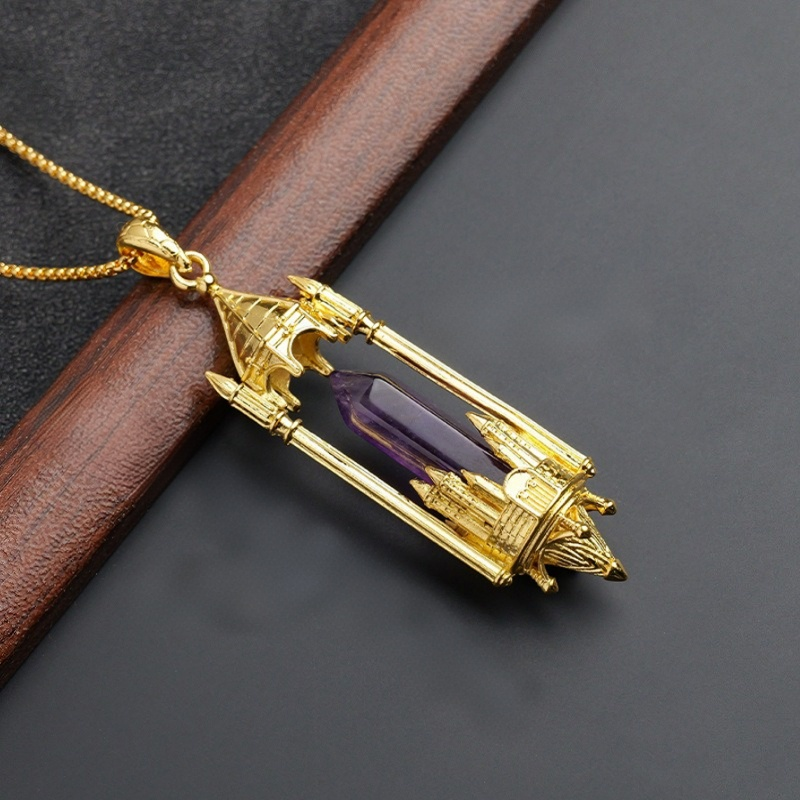 Gothic Boundary Guardian Natural Crystal Point Castle Pendant Necklace