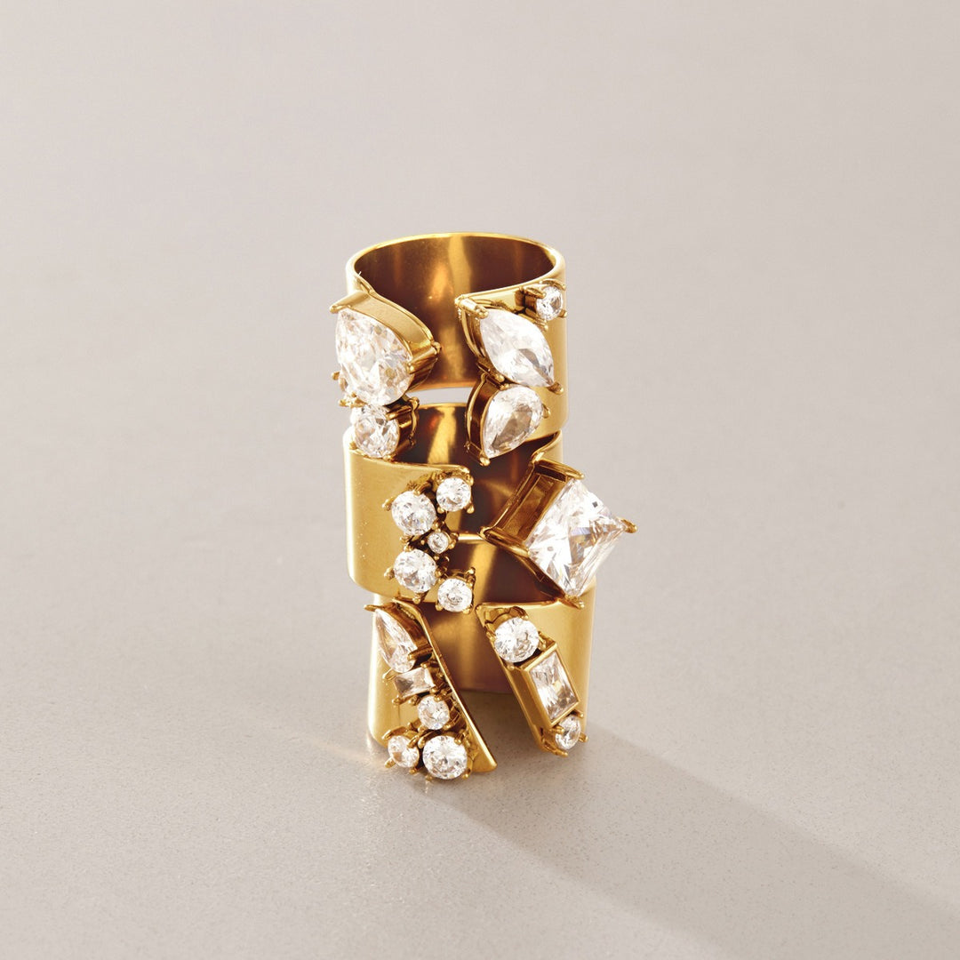 18K Gold Plated Geometric CZ Bold Wide Band Statement Ring