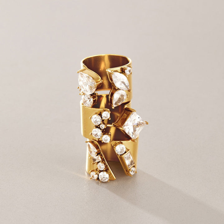 18K Gold Plated Geometric CZ Bold Wide Band Statement Ring