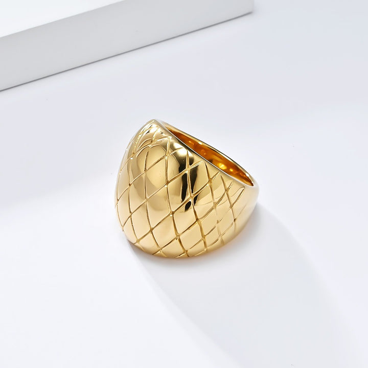 14K Gold Plated Quilted Grid Wide Band Ring