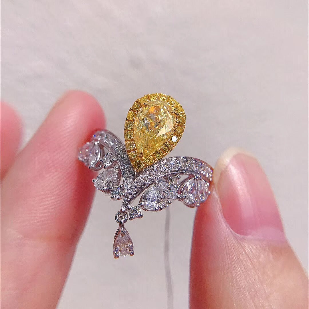 Sterling Silver Two-Tone Pear Cut Yellow CZ Crown Ring