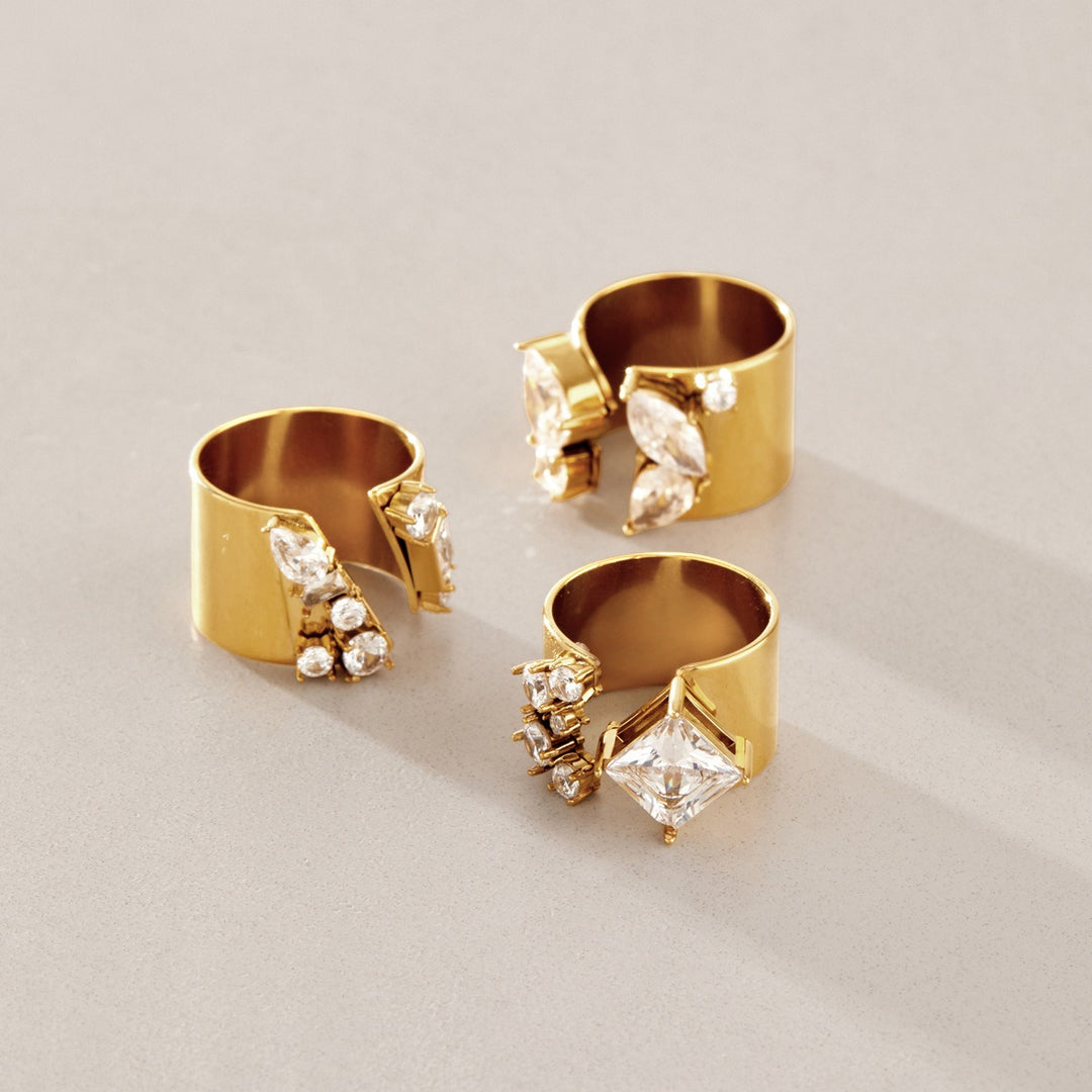 18K Gold Plated Geometric CZ Bold Wide Band Statement Ring