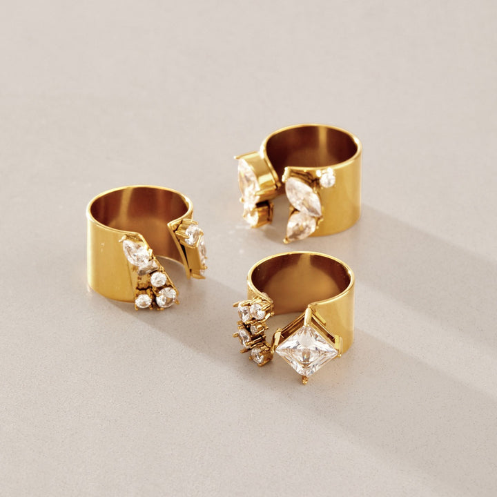 18K Gold Plated Geometric CZ Bold Wide Band Statement Ring
