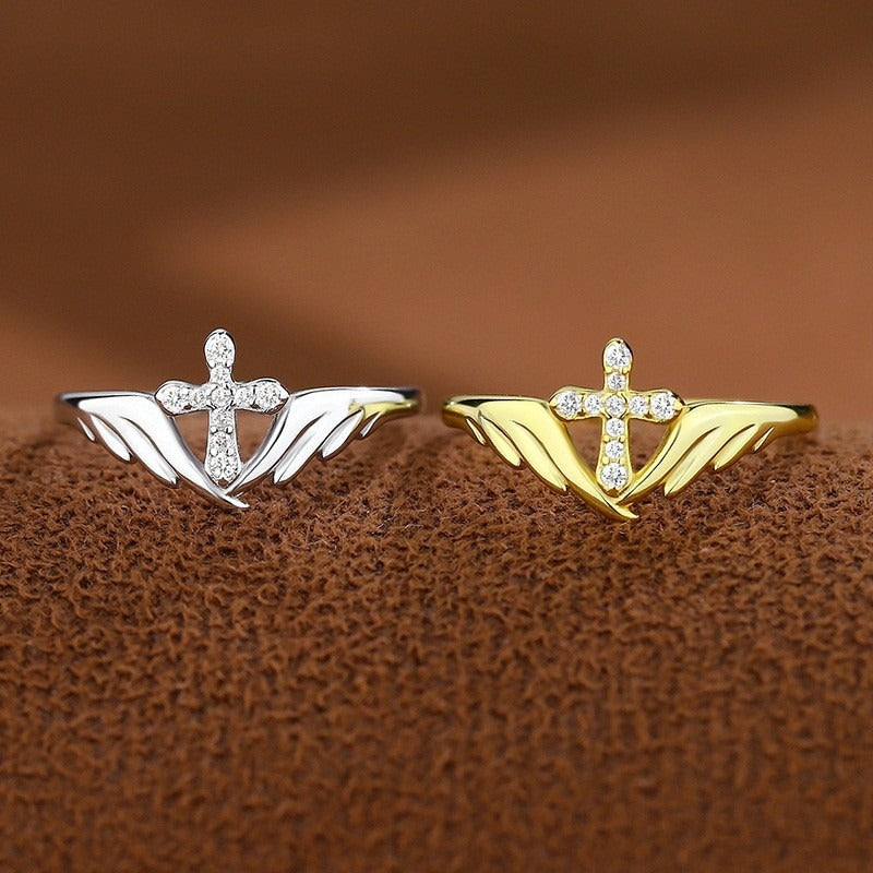 Guardian Wings S925 Sterling Silver Cross Adjustable Ring