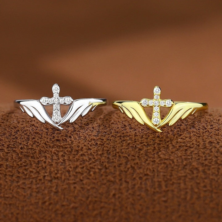 Guardian Wings S925 Sterling Silver Cross Adjustable Ring