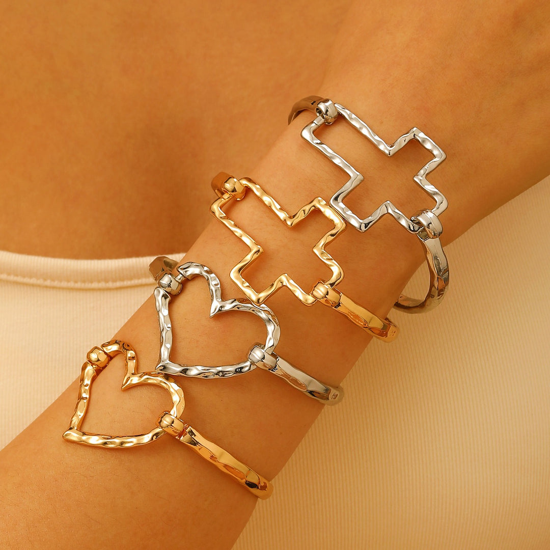 18K Gold / Silver Hammered Open Cuff Symbol Bracelet