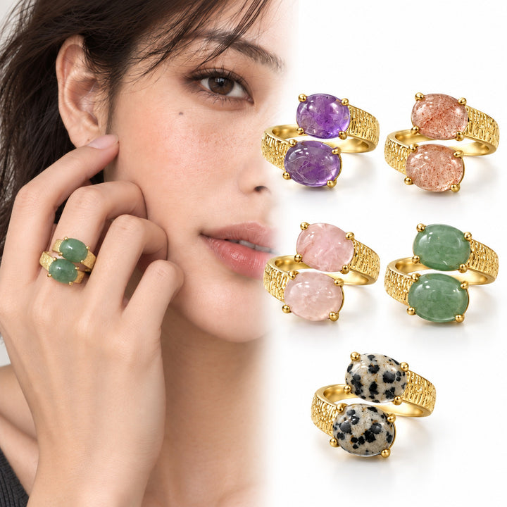 Natural Gemstone 18K Gold Plated Vintage Hammered Double-Stone Open Ring