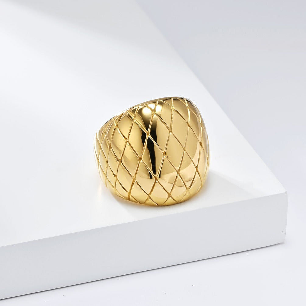 14K Gold Plated Quilted Grid Wide Band Ring