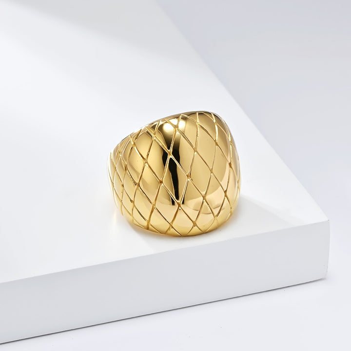 14K Gold Plated Quilted Grid Wide Band Ring