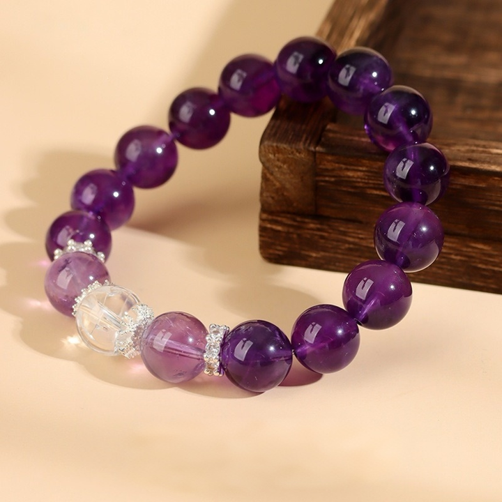 Natural Uruguayan Amethyst and White Crystal Dual-Stone Bracelet