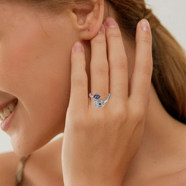 S925 Sterling Silver Hamsa Hand Evil Eye Open Ring