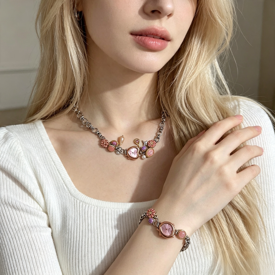 Time Garden Heart Watch Charm Necklace & Bracelet Set