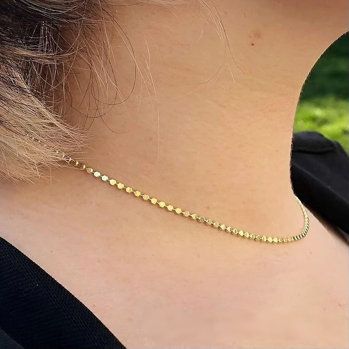 14K Solid Gold Minimalist Flat Bead Chain Necklace