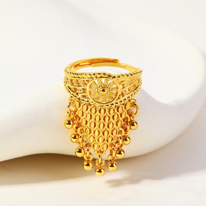 Gilded Cascade S925 Silver Gold-Plated Filigree Tassel Adjustable Ring