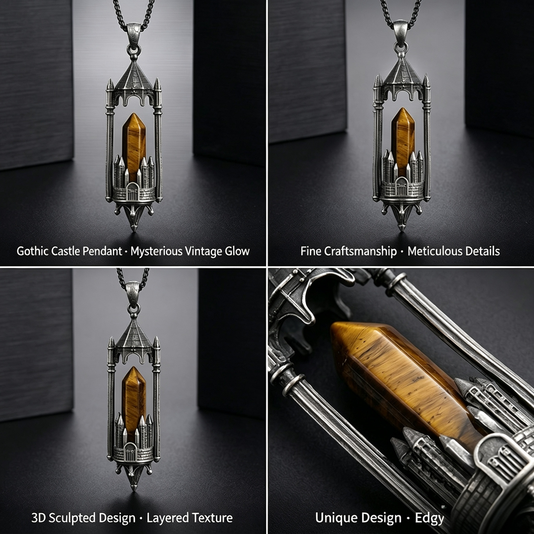 Gothic Boundary Guardian Natural Crystal Point Castle Pendant Necklace