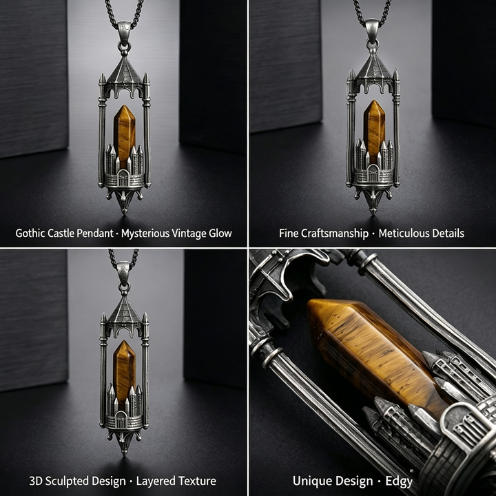 Gothic Boundary Guardian Natural Crystal Point Castle Pendant Necklace