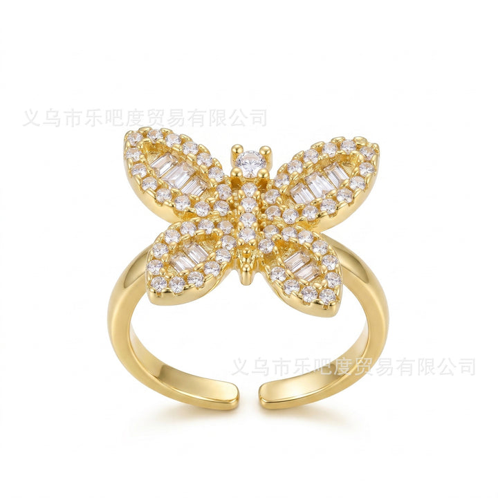 18K Gold 3D Butterfly Open Ring Luxe Pavé Adjustable Statement Ring