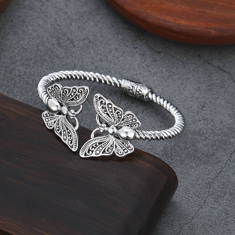 S925 Sterling Silver Twisted Texture Vintage Butterfly Open Cuff Bracelet