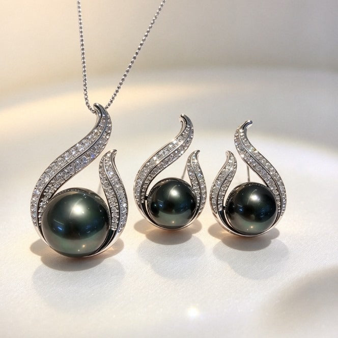 Silver Black Pearl & Pavé Streamline Necklace and Earrings Set