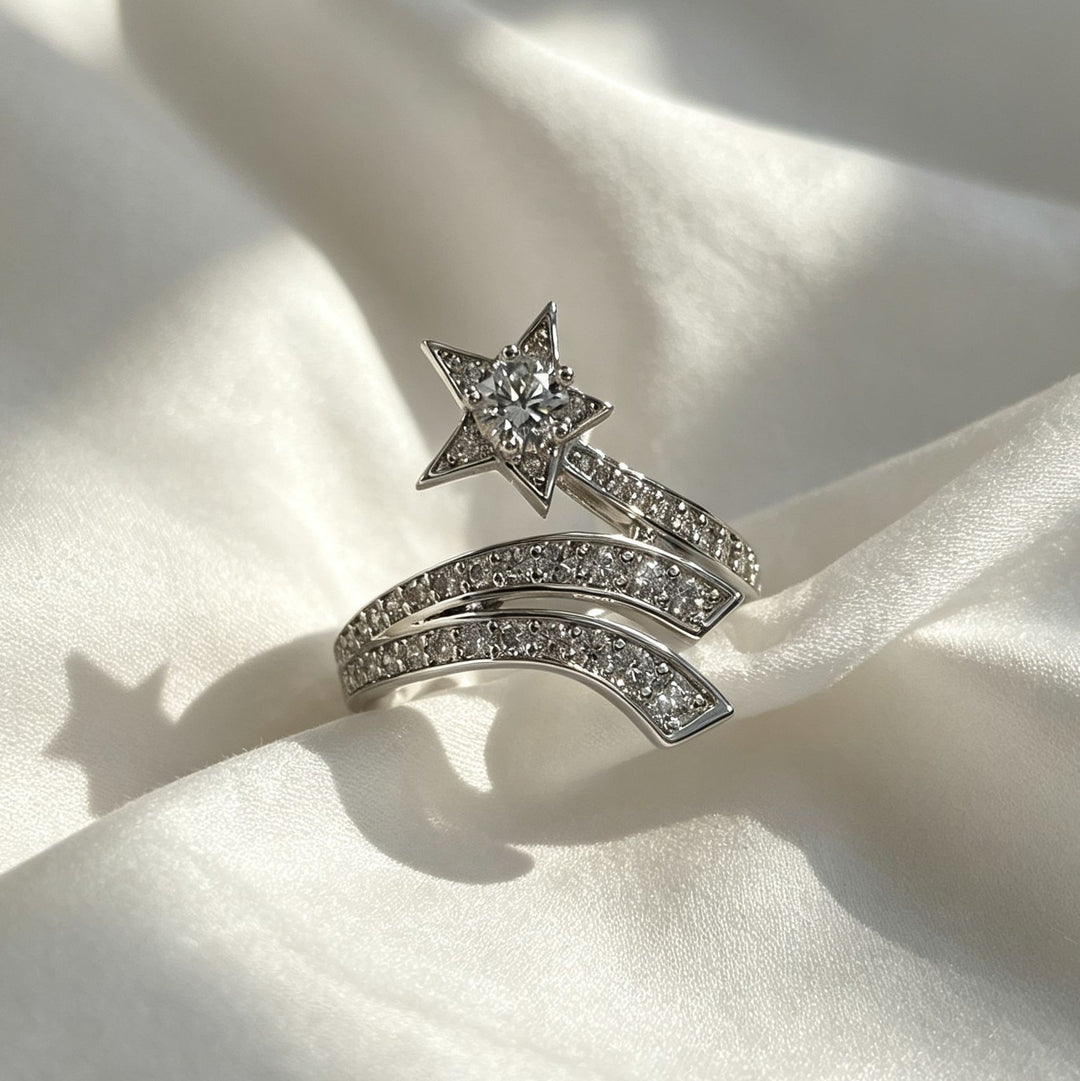 S925 Sterling Silver Shooting Star Pavé Ring Celestial Statement Ring